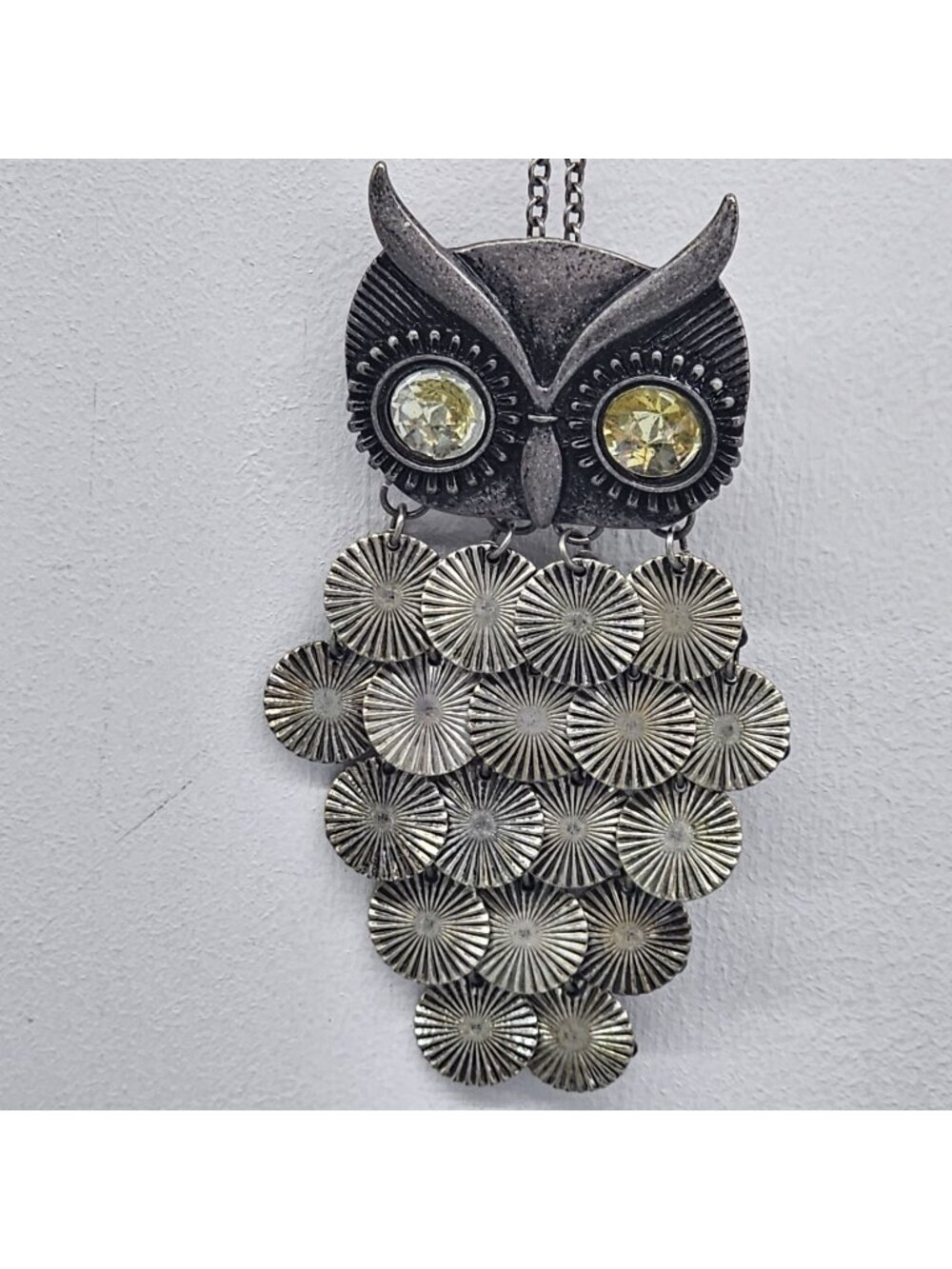 Owl Articulated 30” Chain Necklace Silver Tone Metal 4” Pendant Vintage Style